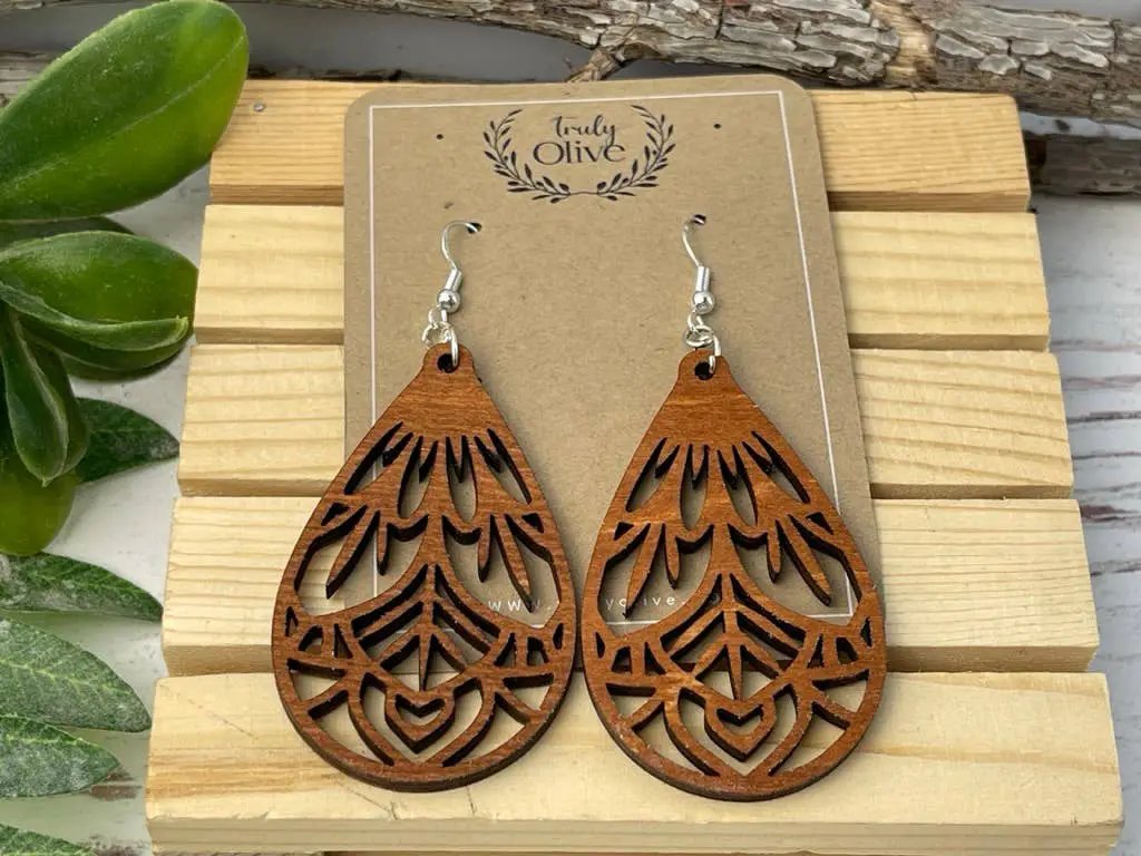 Truly Olive Vintage Wood Mandala Earrings Teardrops - Earrings Dangle Earrings