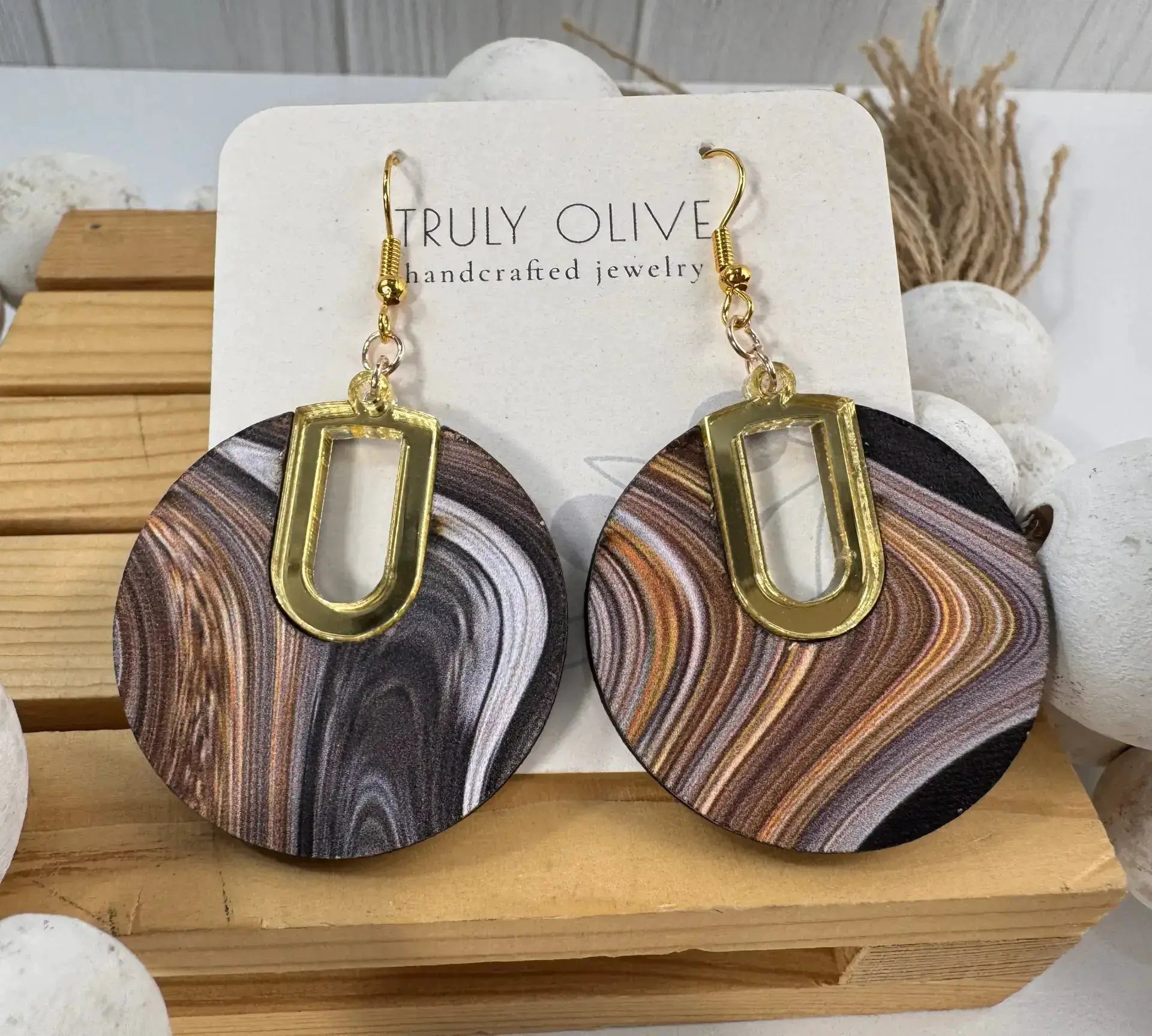 Truly Olive Vintage Swirl Pattern Wood Earrings - Earrings Dangle Earrings
