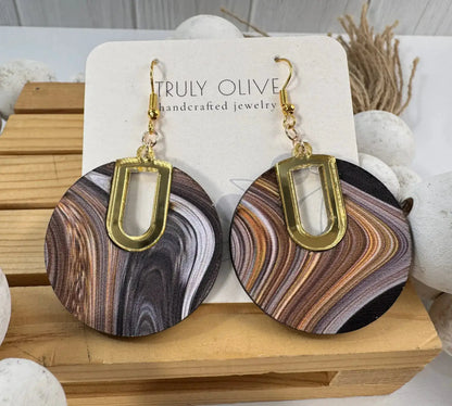Truly Olive Vintage Swirl Pattern Wood Earrings - Earrings Dangle Earrings