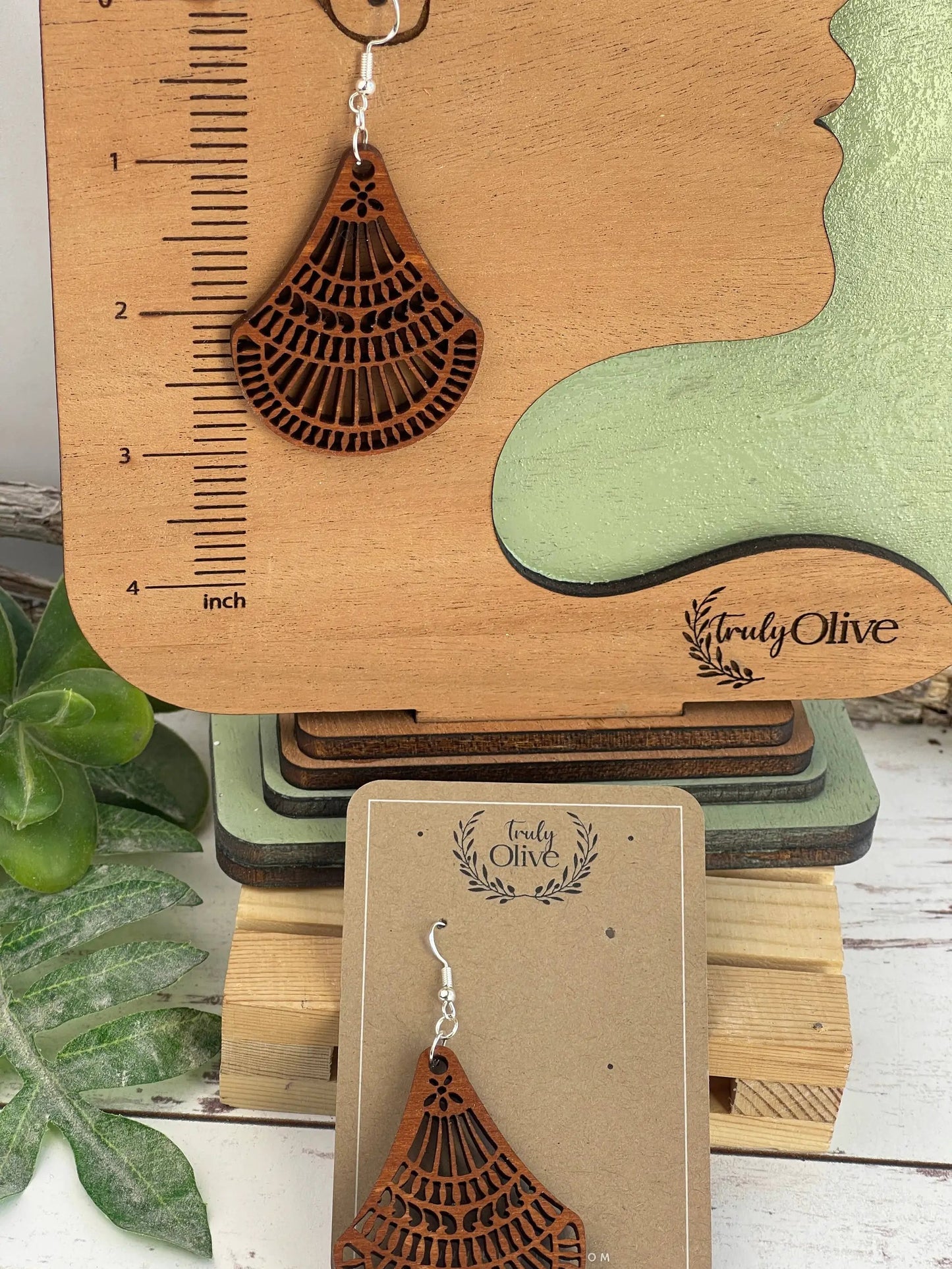 Truly Olive Elegant Shapely Wood Earrings - Earrings Dangle Earrings