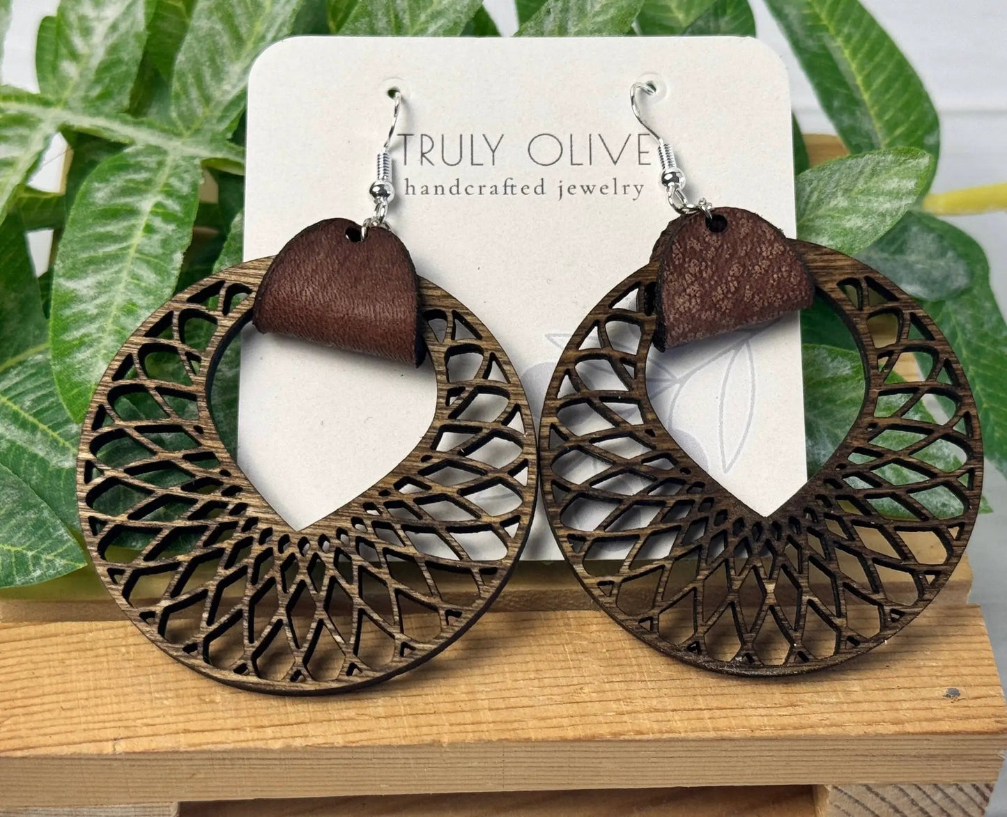 Truly Olive Filigree Natural Wood and Leather Lightweight Hoop Earrings - Earrings Dangle Earrings