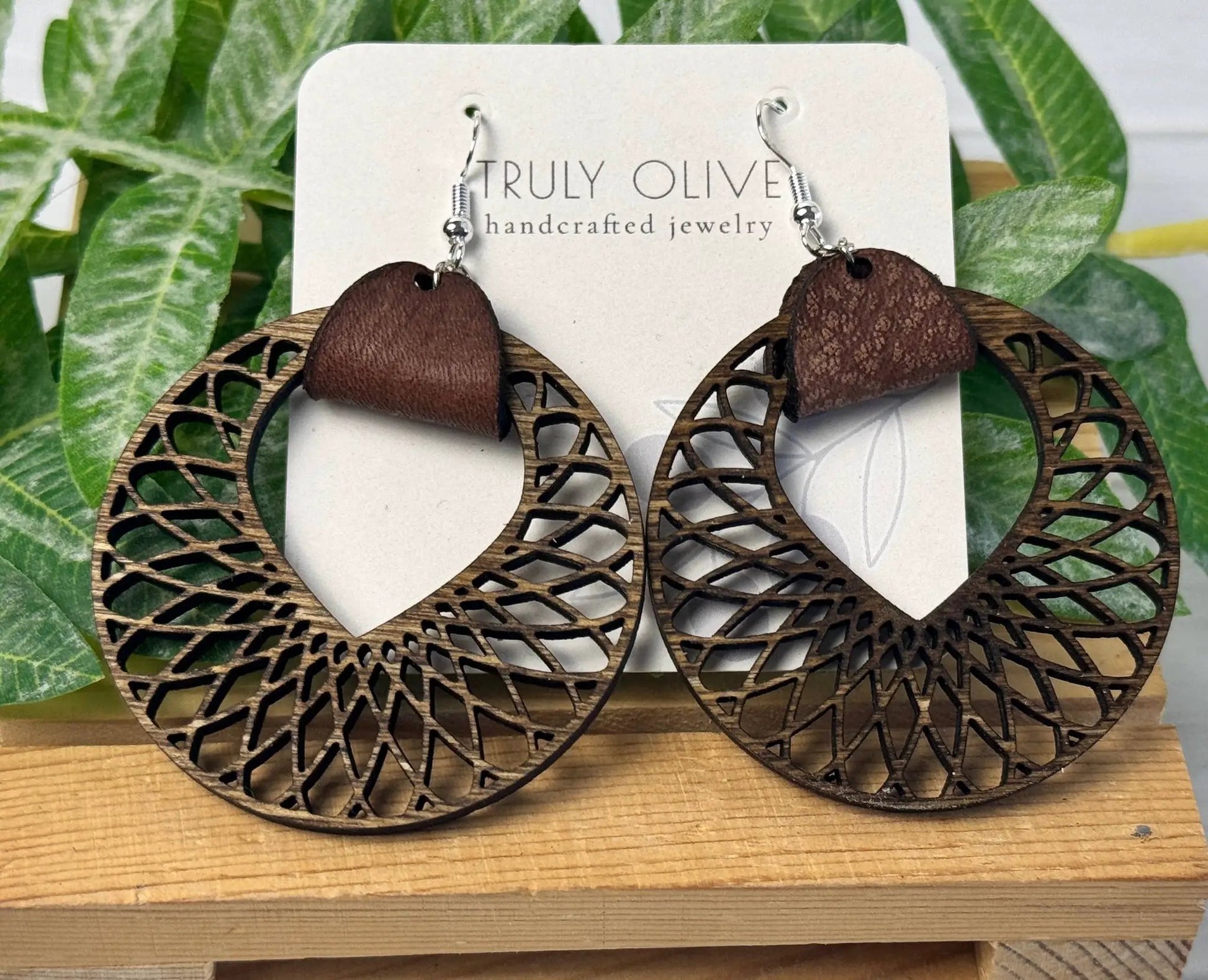 Truly Olive Filigree Natural Wood and Leather Lightweight Hoop Earrings - Earrings Dangle Earrings