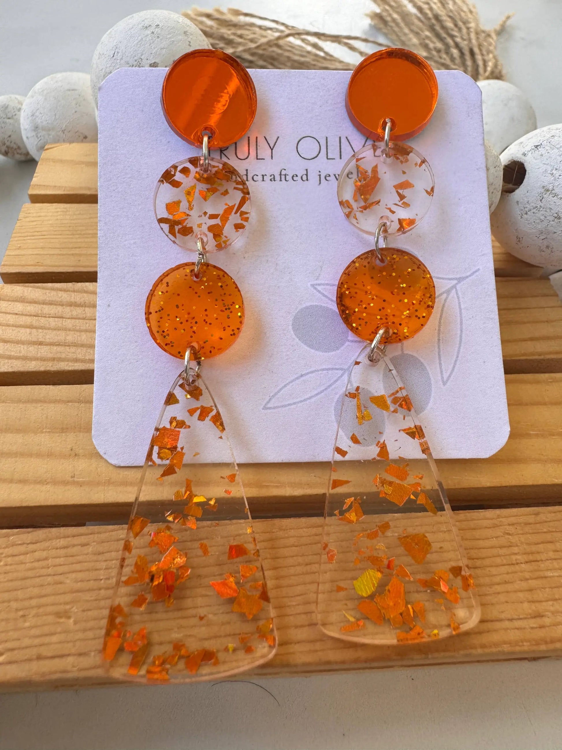Truly Olive Orange Confetti and Orange Glitter Acrylic Dangle Earrings - Earrings Dangle Earrings