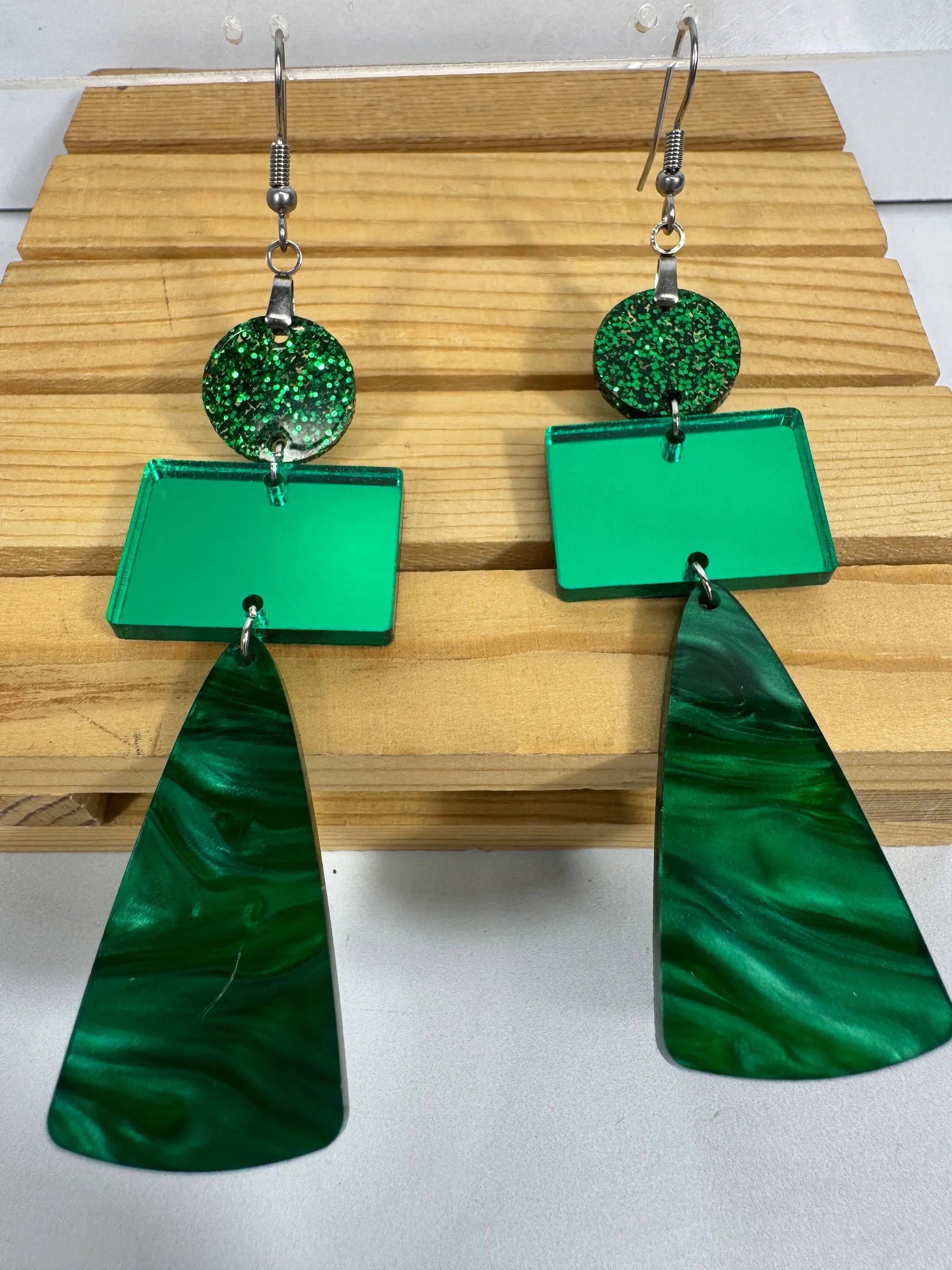 Truly Olive Green Marble and Glitter Acrylic Holiday Earrings - Earrings Dangle Earrings