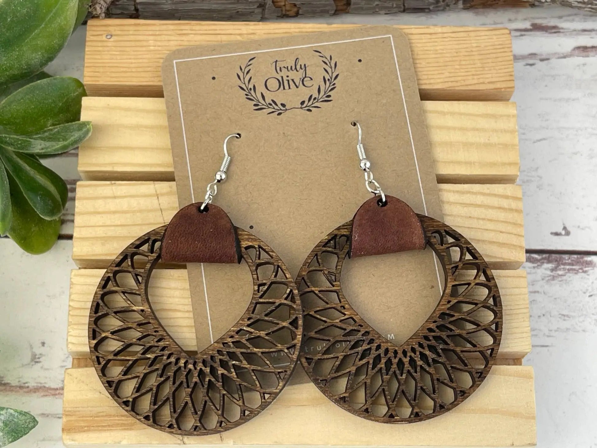 Truly Olive Filigree Natural Wood and Leather Lightweight Hoop Earrings - Earrings Dangle Earrings