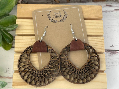 Truly Olive Filigree Natural Wood and Leather Lightweight Hoop Earrings - Earrings Dangle Earrings