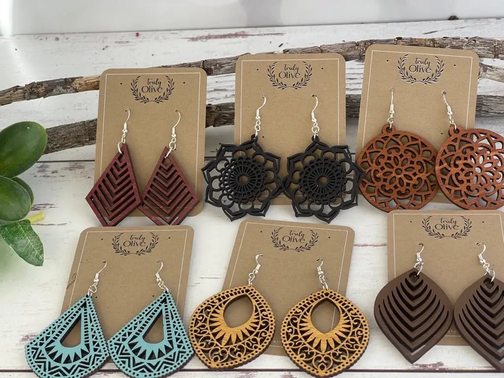 Truly Olive Vintage Wood Mandala Earrings Teardrops - Earrings Dangle Earrings