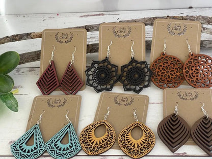 Truly Olive Vintage Wood Mandala Earrings Teardrops - Earrings Dangle Earrings