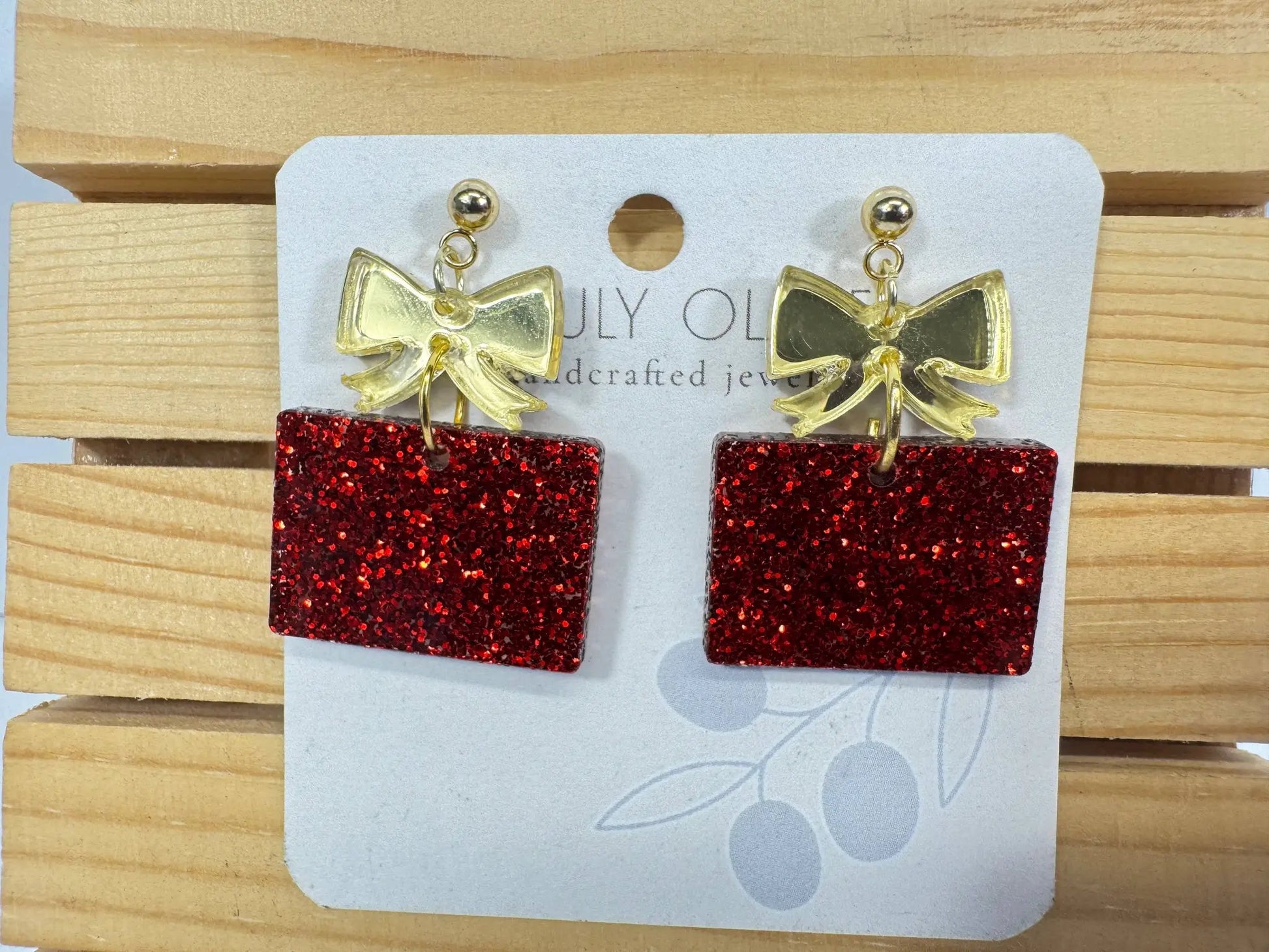 Truly Olive Red and Gold Christmas Present Earrings - Earrings Dangle Earrings