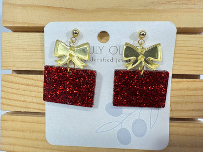 Truly Olive Red and Gold Christmas Present Earrings - Earrings Dangle Earrings