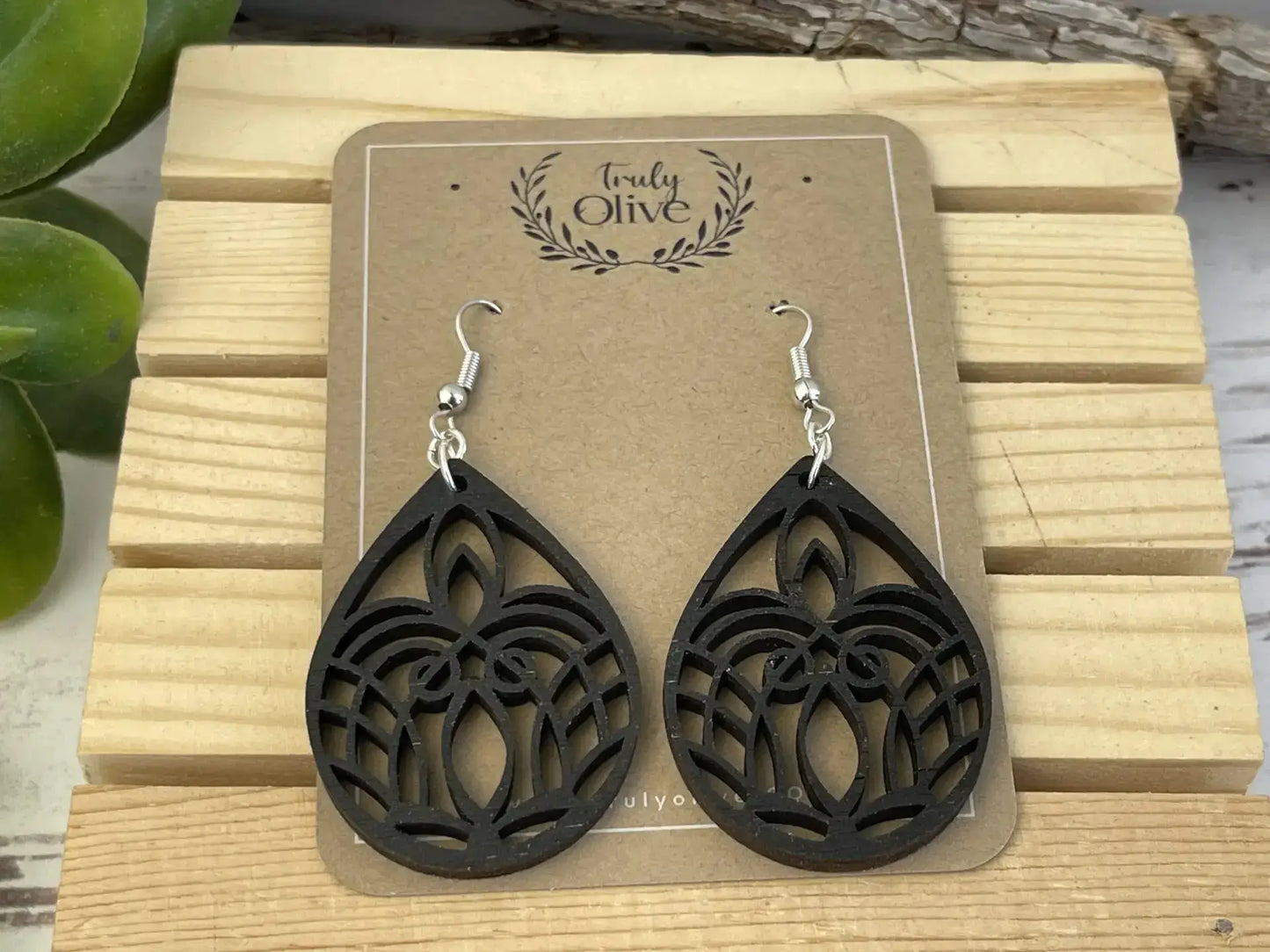 Truly Olive Small Mandala Wood Earrings - Earrings Dangle Earrings