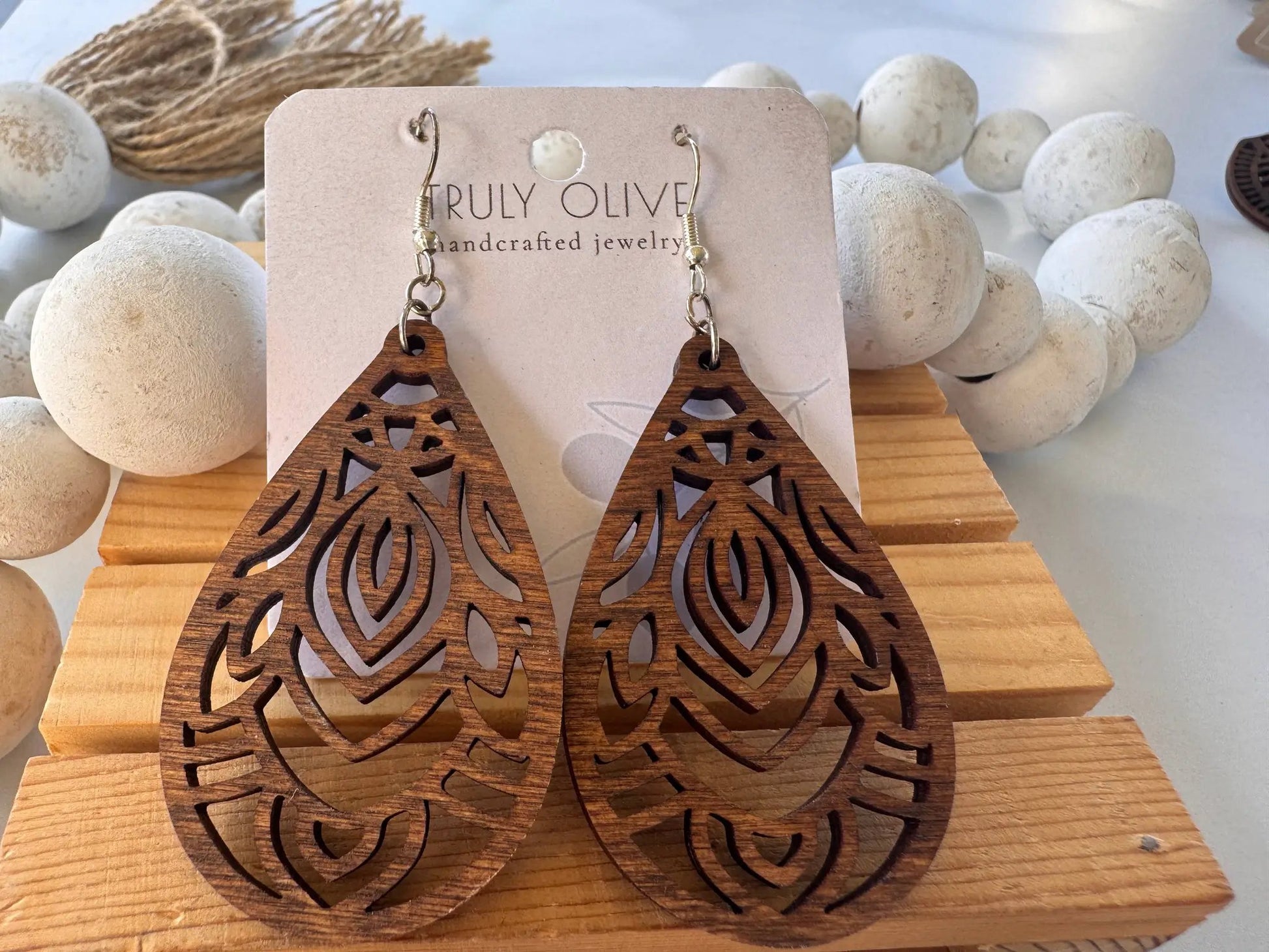 Truly Olive Mandala Wood Earrings - Earrings Dangle Earrings