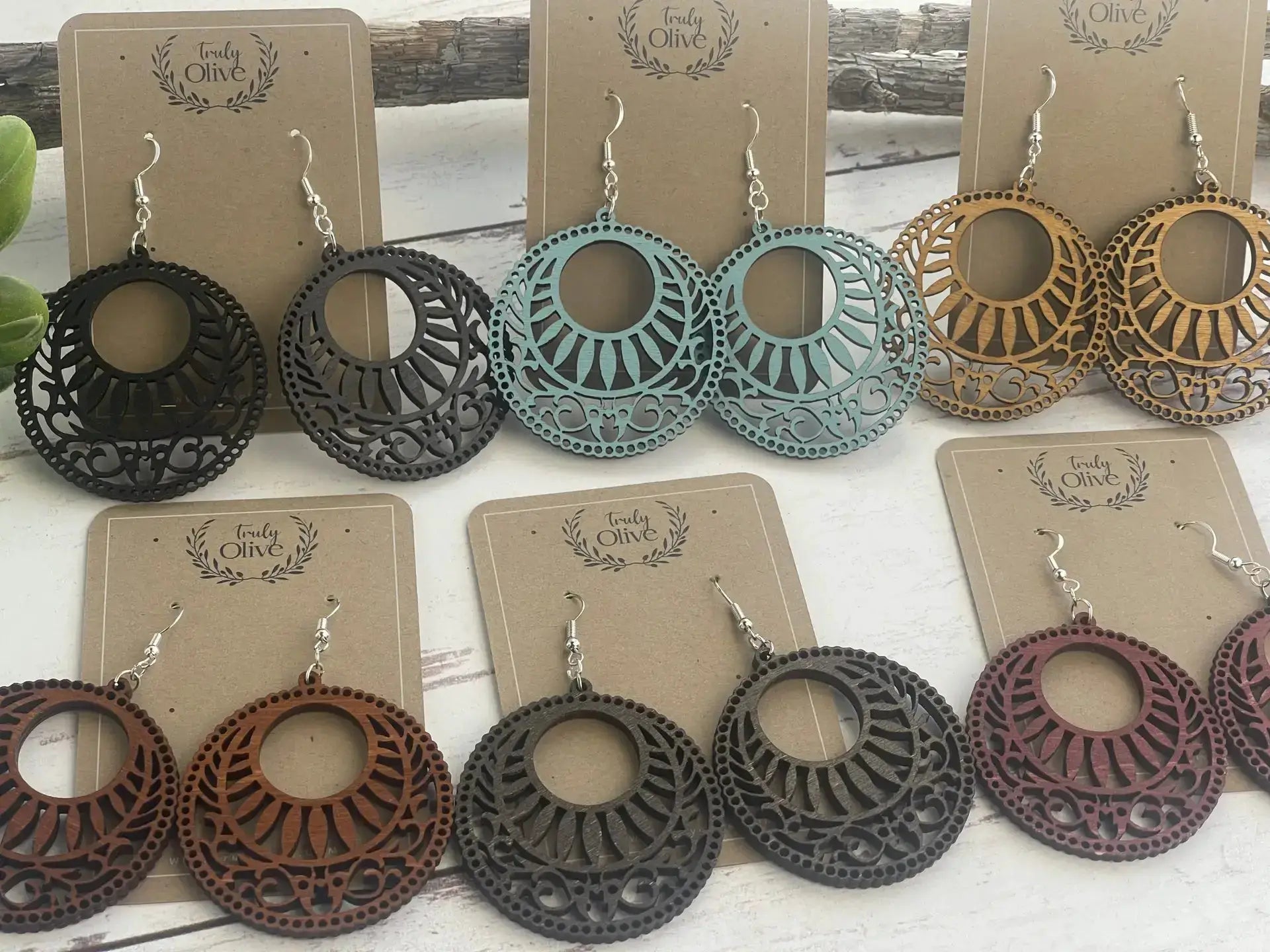 Truly Olive Lightweight Circle Wood Mandala Earrings - Earrings Dangle Earrings