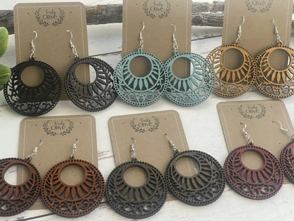 Truly Olive Lightweight Circle Wood Mandala Earrings - Earrings Dangle Earrings