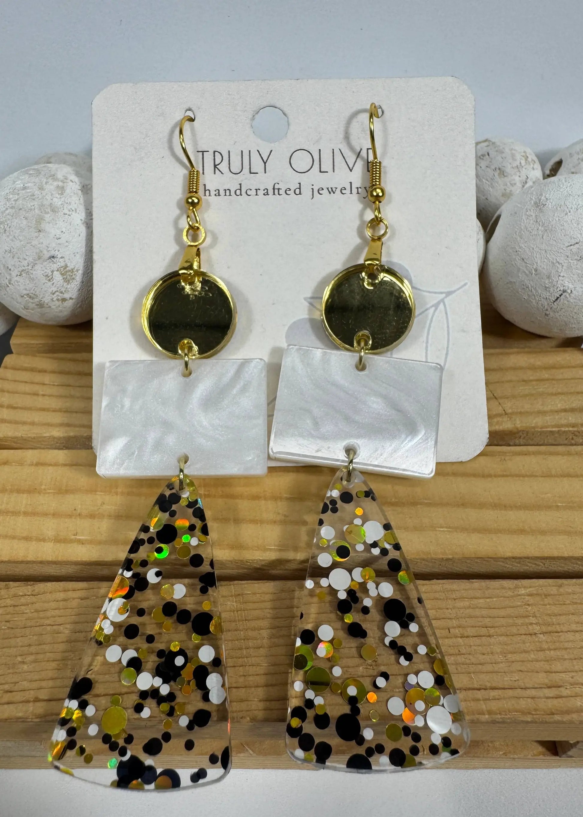 Truly Olive Long Gold Black and White Sparkly Confetti Acrylic Earrings - Earrings Dangle Earrings