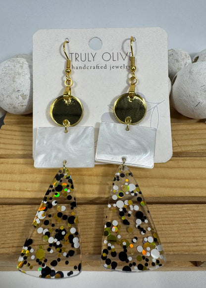 Truly Olive Long Gold Black and White Sparkly Confetti Acrylic Earrings - Earrings Dangle Earrings