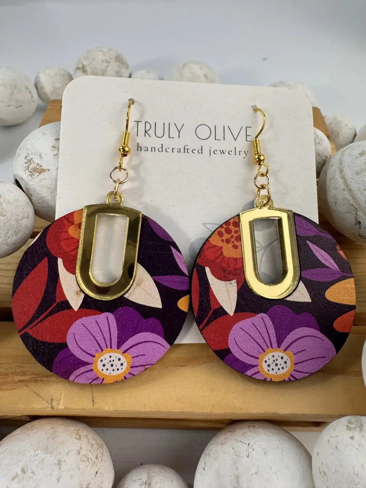 Truly Olive Flower Pattern Wood Earrings Gift For Her - Earrings Dangle Earrings