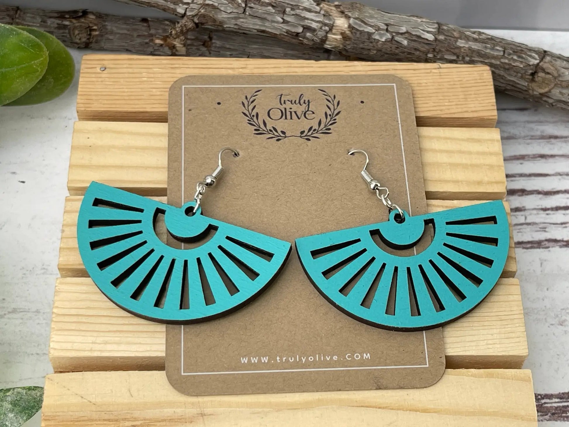 Truly Olive Fan Shape Wood Earrings - Earrings Dangle Earrings
