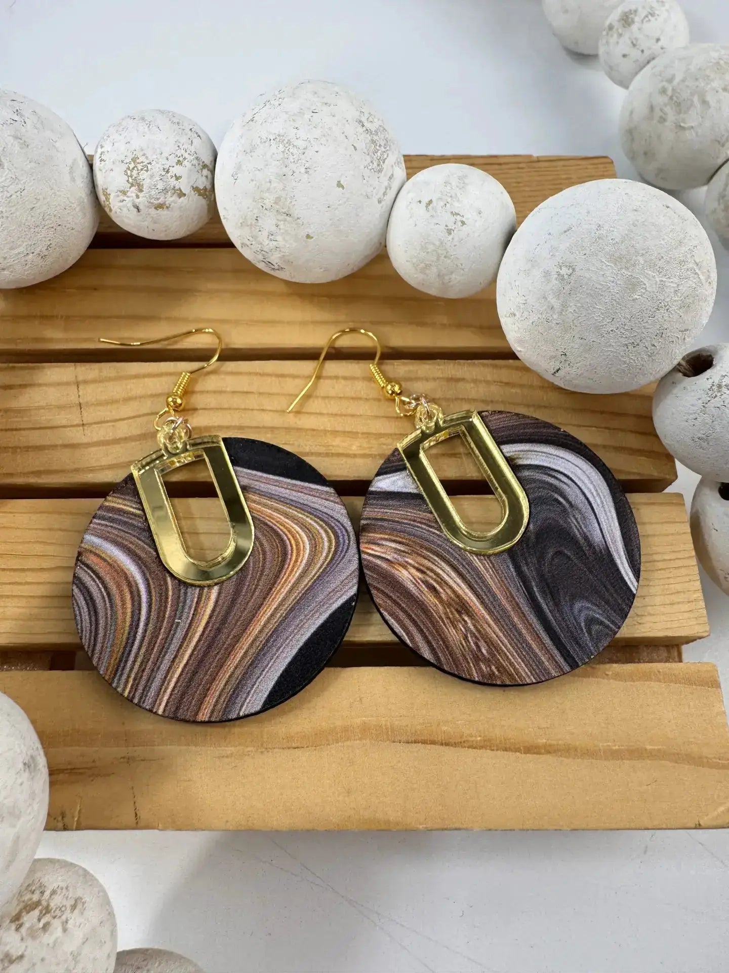 Truly Olive Vintage Swirl Pattern Wood Earrings - Earrings Dangle Earrings