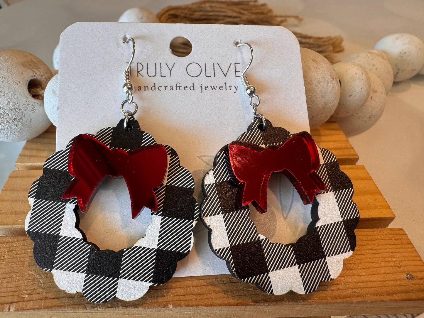 Truly Olive Black and White Buffalo Plaid Christmas Wreath Earrings - Earrings Dangle Earrings