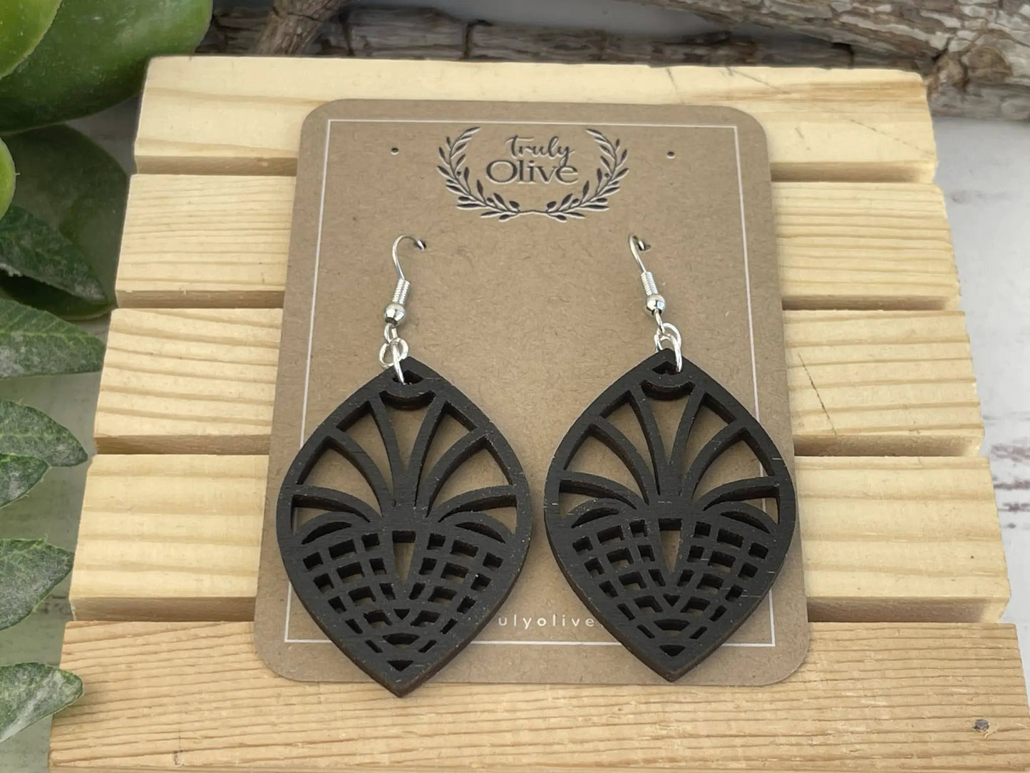 Truly Olive Geometric Style Filigree Lightweight Wood Earrings - Earrings Dangle Earrings