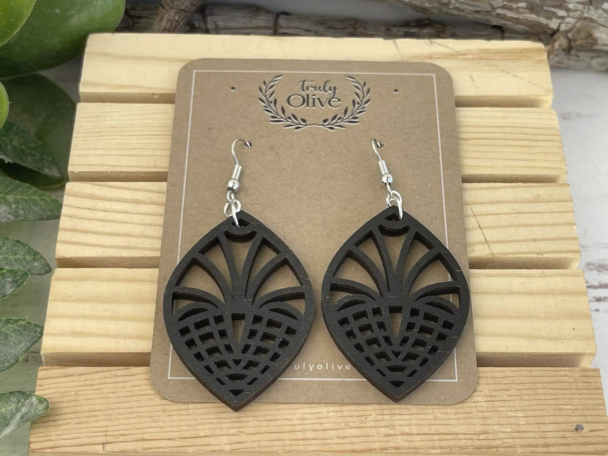 Truly Olive Geometric Style Filigree Lightweight Wood Earrings - Earrings Dangle Earrings