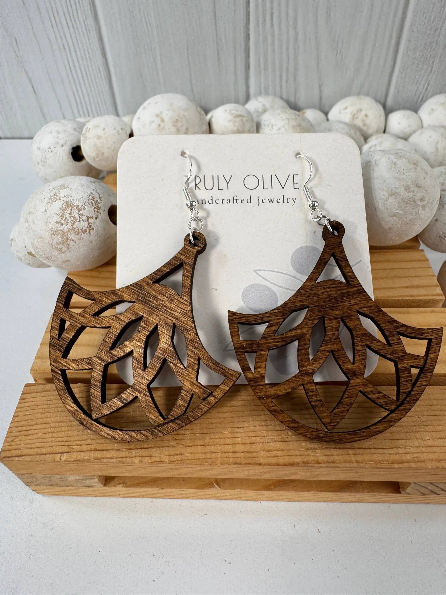 Truly Olive Fan Shape Lightweight Wood Earrings - Earrings Dangle Earrings