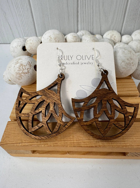 Truly Olive Fan Shape Lightweight Wood Earrings - Earrings Dangle Earrings