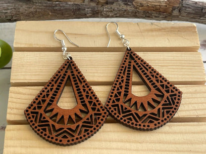 Truly Olive Lightweight Wood Mandala Earrings - Half Bell Shape - Earrings Dangle Earrings