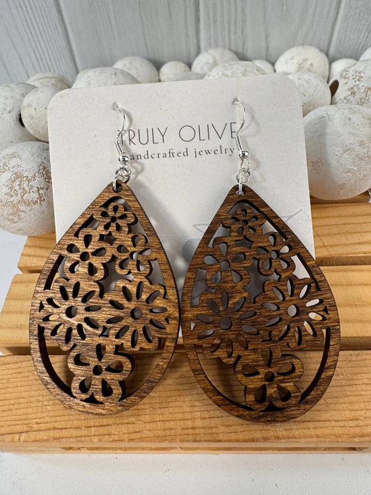 Truly Olive Stunning Wood Mandala Earrings in a Unique Teardrop Shape - Earrings Dangle Earrings