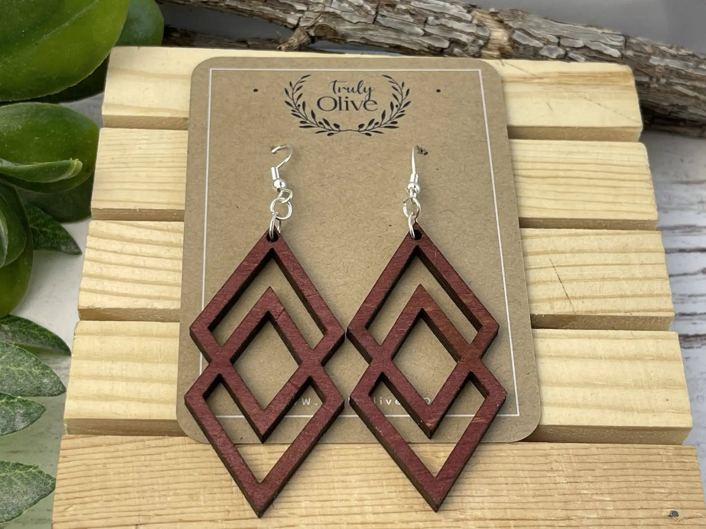 Truly Olive Antique Wood Connected Triangle Earrings - Earrings Dangle Earrings