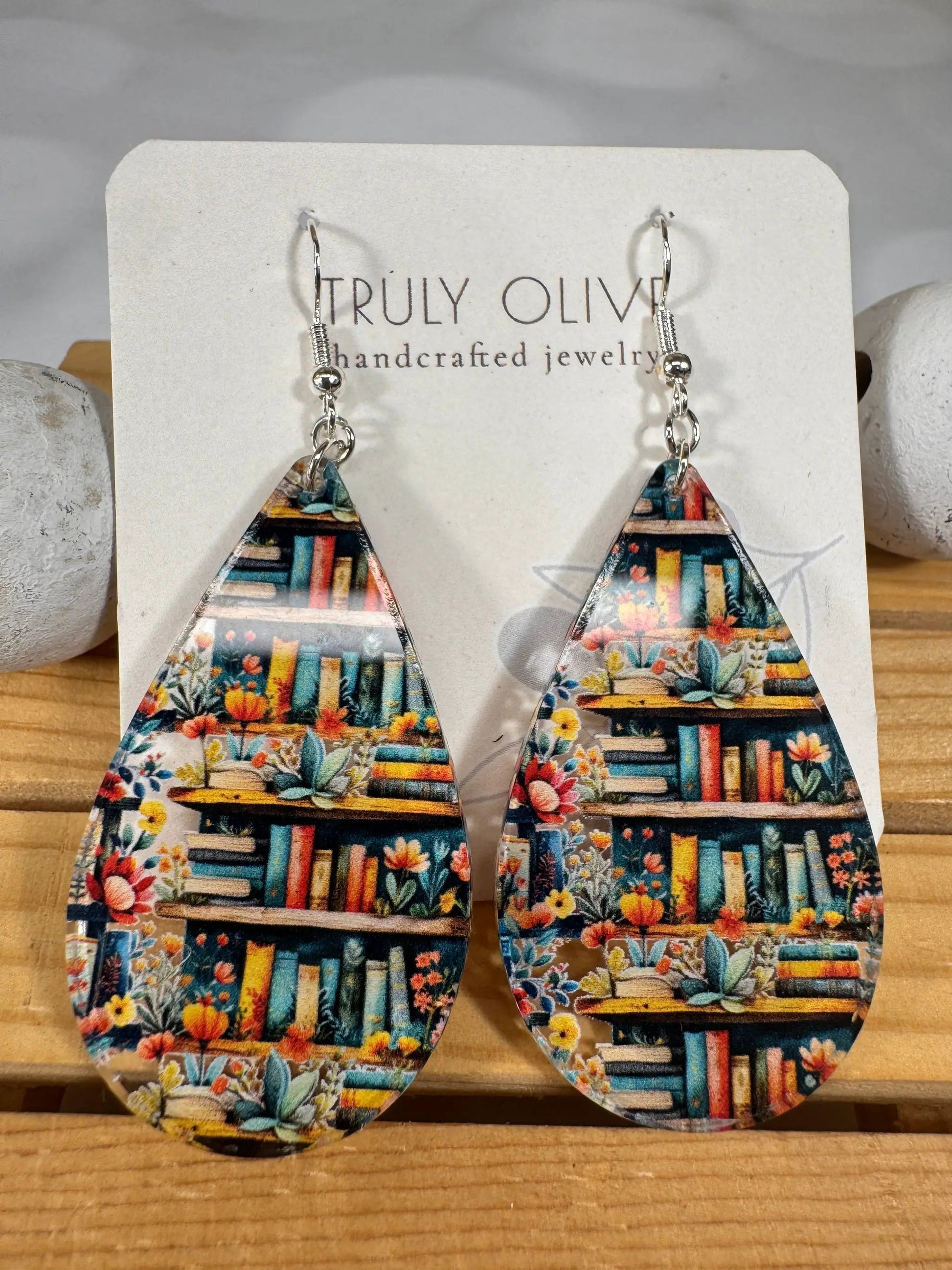 Truly Olive Bookshelf Earrings Book Lovers Teardrop Earrings - Earrings Dangle Earrings