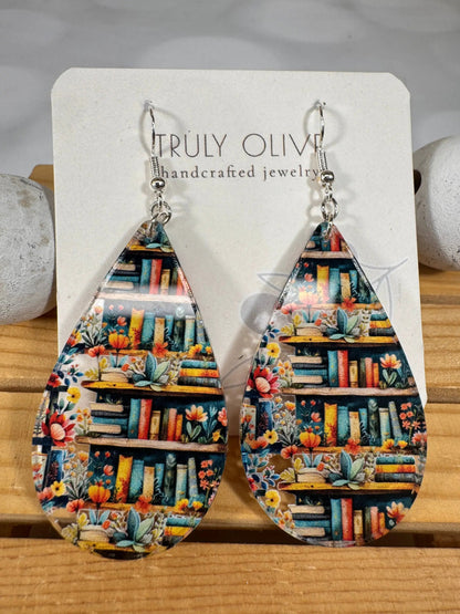 Truly Olive Bookshelf Earrings Book Lovers Teardrop Earrings - Earrings Dangle Earrings