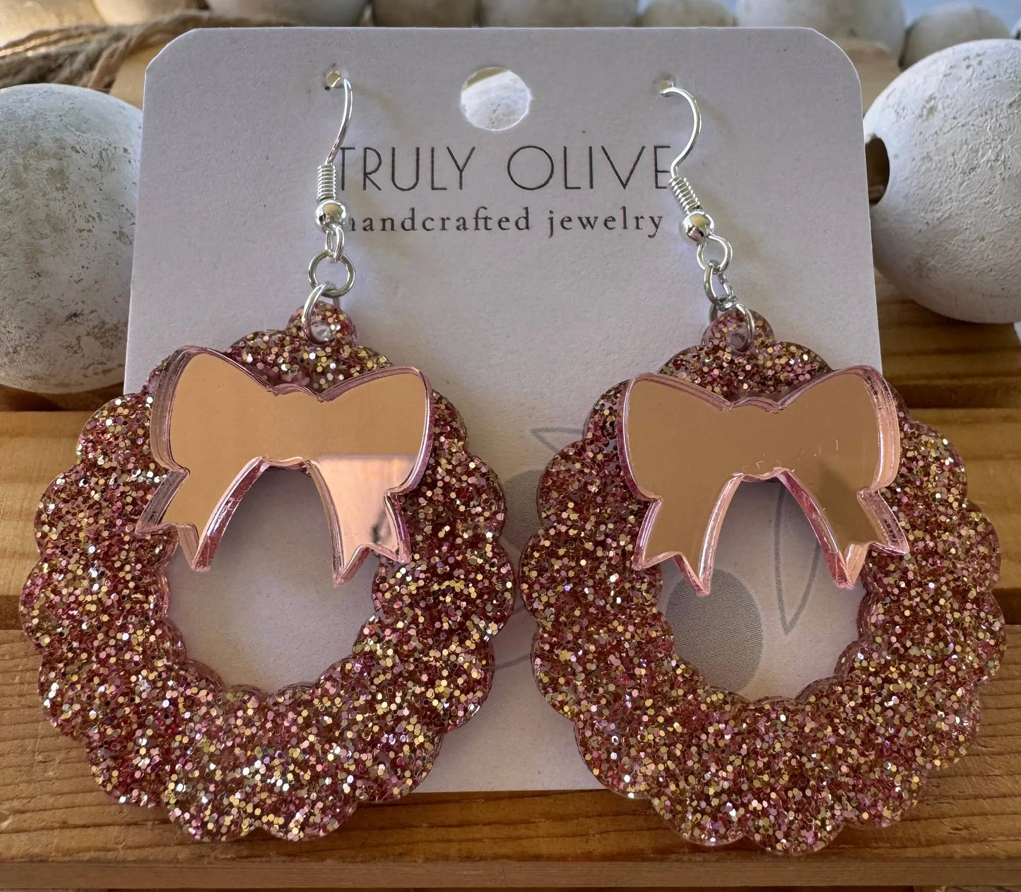 Truly Olive Pink Mirrored Acrylic Christmas Wreath - Earrings Dangle Earrings