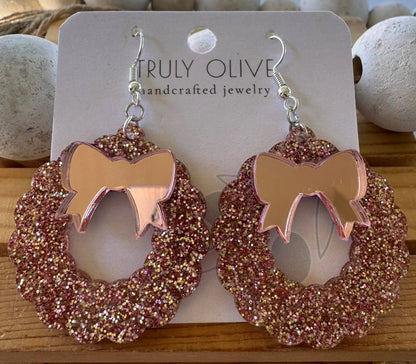 Truly Olive Pink Mirrored Acrylic Christmas Wreath - Earrings Dangle Earrings