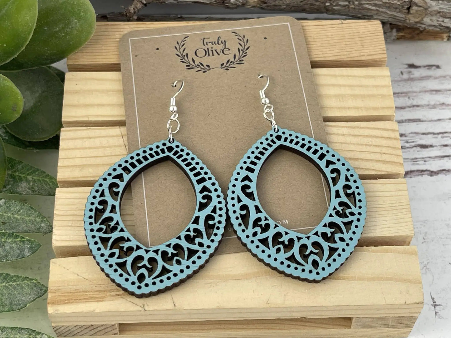 Truly Olive Stunning Wood Mandala Earrings in Unique Oval Shape - Earrings Dangle Earrings