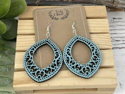 Truly Olive Stunning Wood Mandala Earrings in Unique Oval Shape - Earrings Dangle Earrings