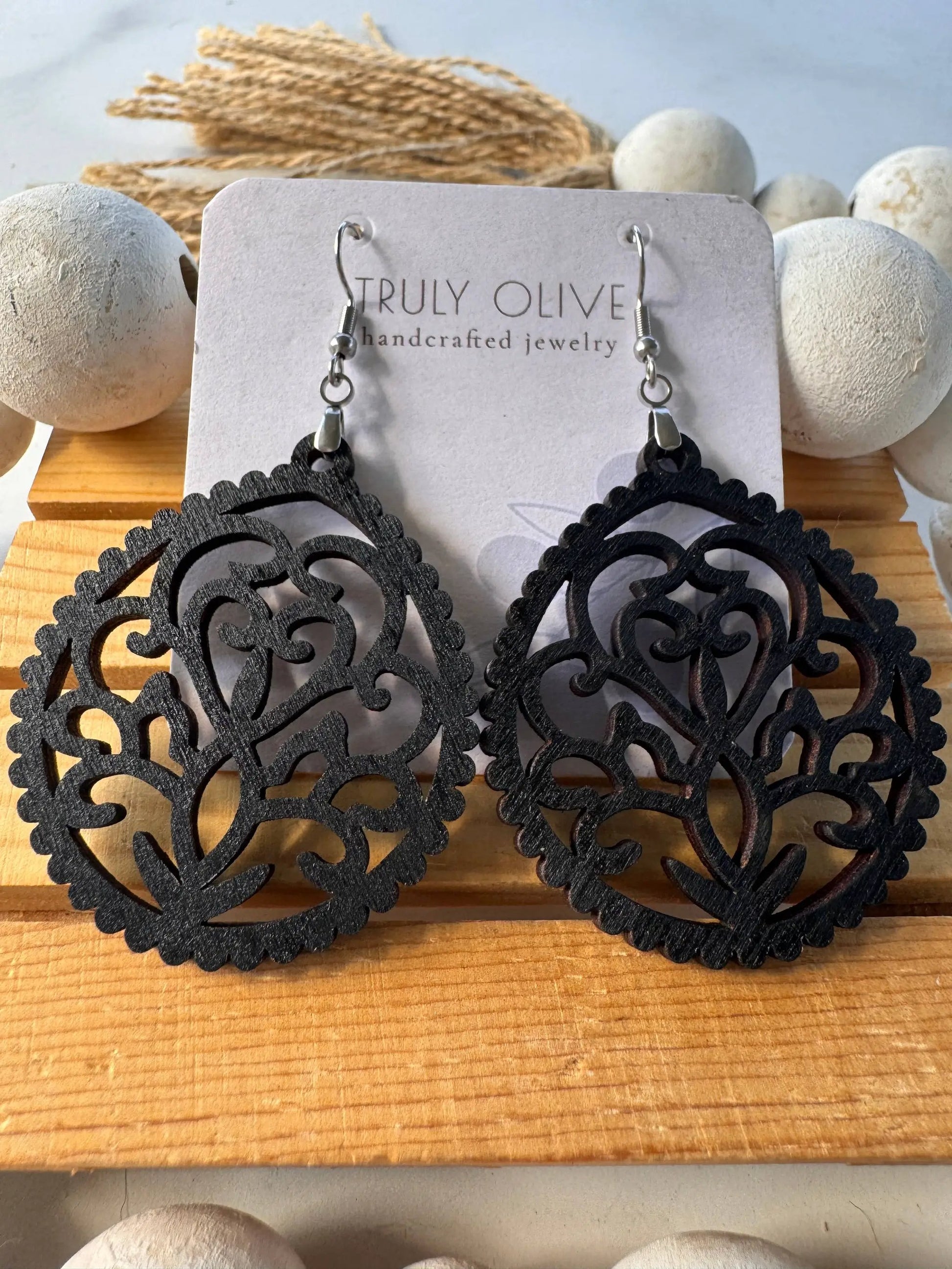 Truly Olive Intricate Wood Earrings - Earrings Dangle Earrings
