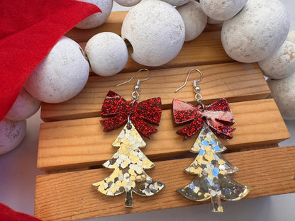 Truly Olive Confetti Glitter Christmas Trees With Red Bow - Earrings Dangle Earrings