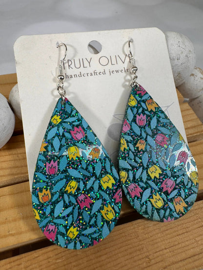 Truly Olive Blue Sparkle Flower Pattern Acrylic Earrings - Earrings Dangle Earrings