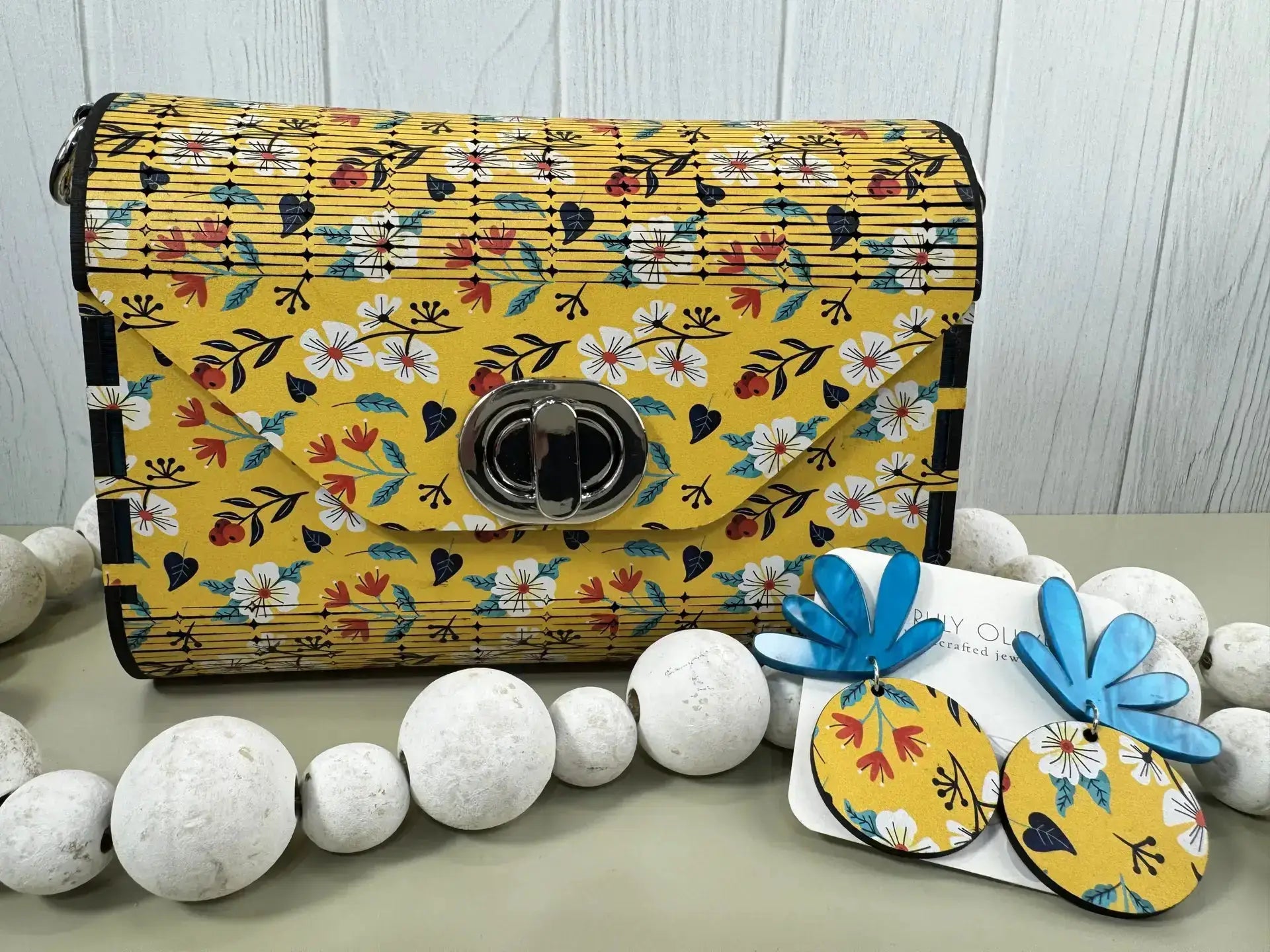 Truly Olive Bright Bloom Wood Clutch Yellow Floral Elegance - Clutch Bags Clutch Bag - Women's