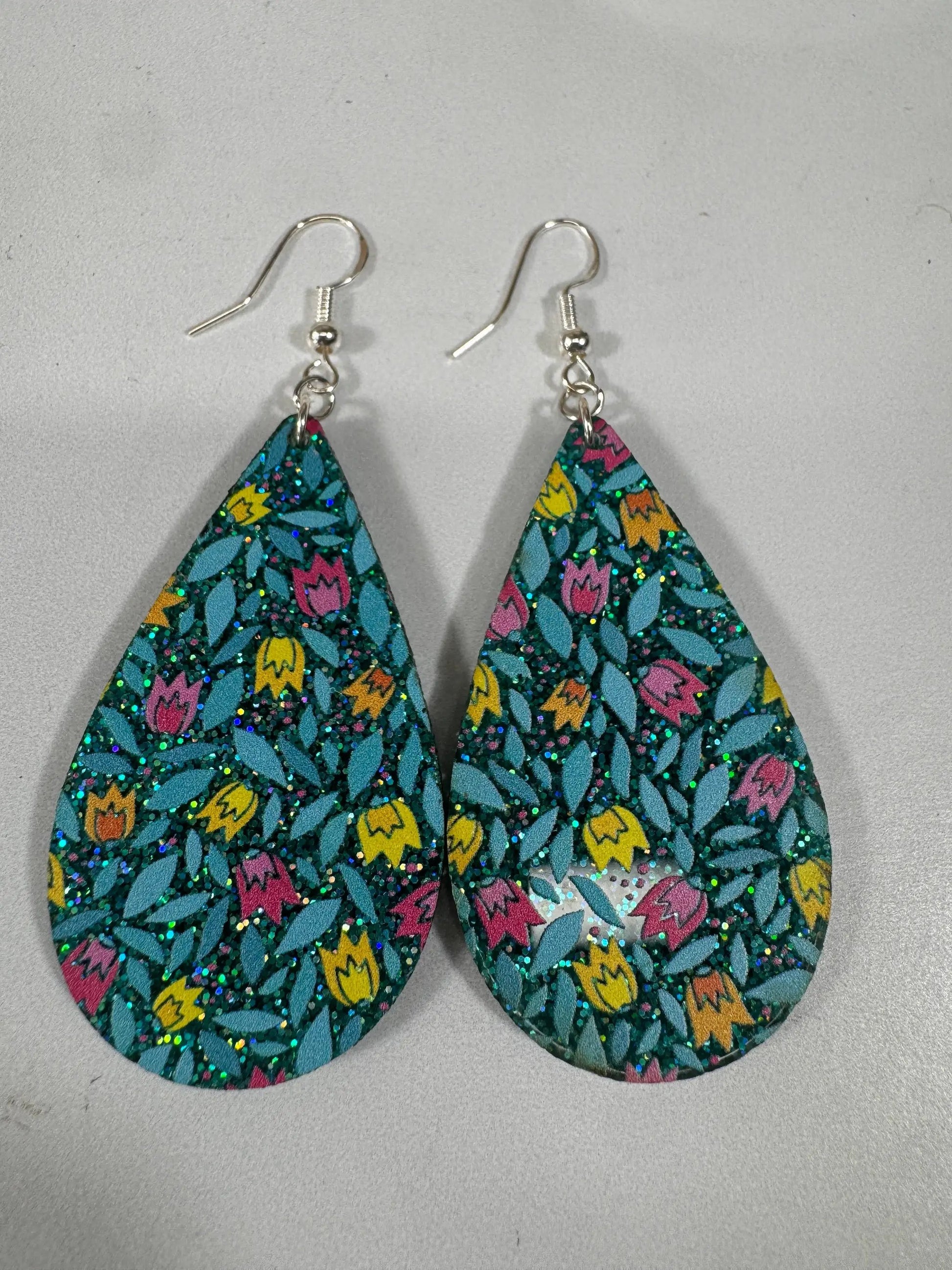 Truly Olive Blue Sparkle Flower Pattern Acrylic Earrings - Earrings Dangle Earrings