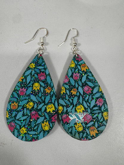 Truly Olive Blue Sparkle Flower Pattern Acrylic Earrings - Earrings Dangle Earrings