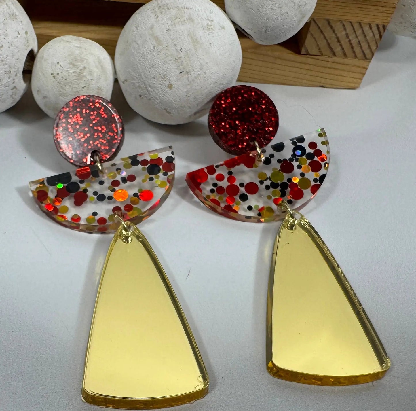 Truly Olive Red and Gold Angel Acrylic Confetti Holiday Earrings - Earrings Dangle Earrings