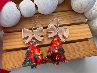 Truly Olive Glitter Christmas Trees With Rose Gold Bow - Earrings Dangle Earrings