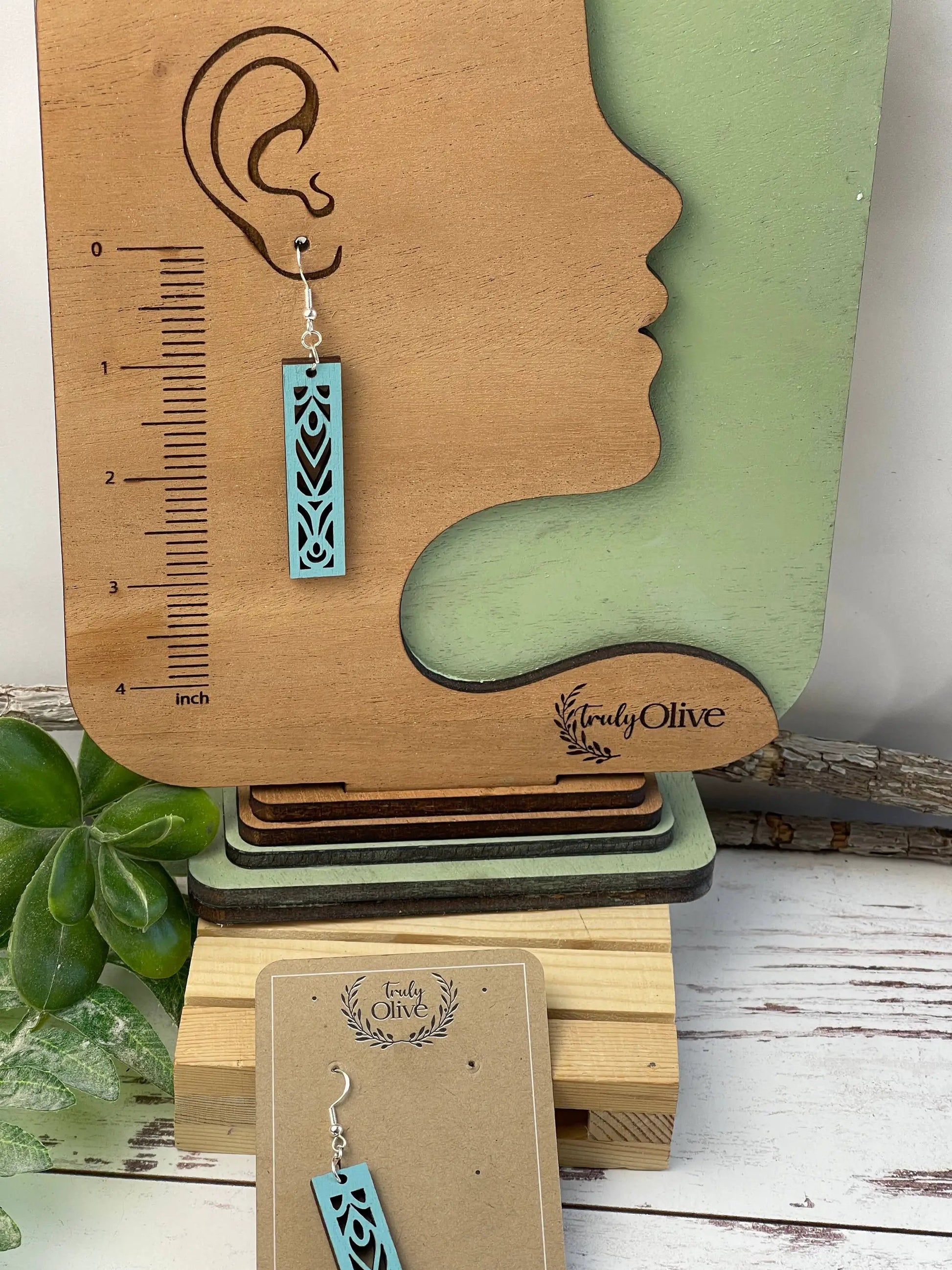 Truly Olive Rectangle Mandala Earrings Lightweight Wood Earrings - Earrings Dangle Earrings