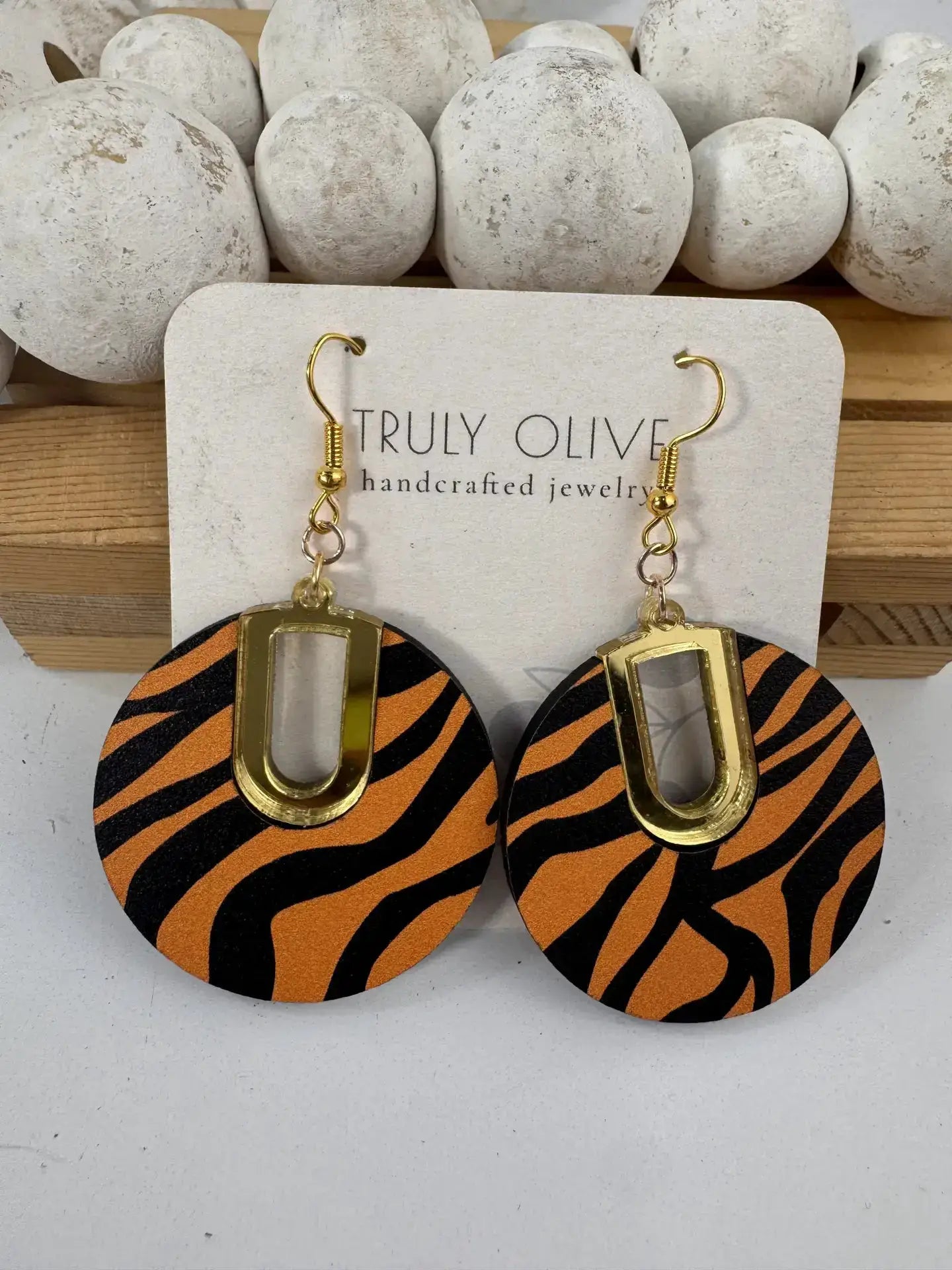 Truly Olive Tiger Pattern Wood Earrings - Earrings Dangle Earrings