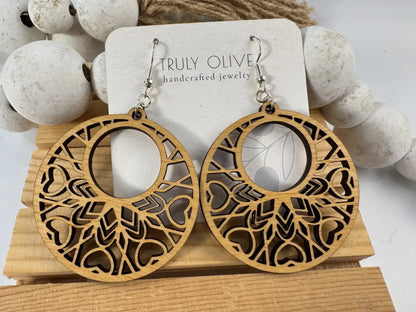 Truly Olive Boho Mandala Wooden Earrings - Earrings Dangle Earrings
