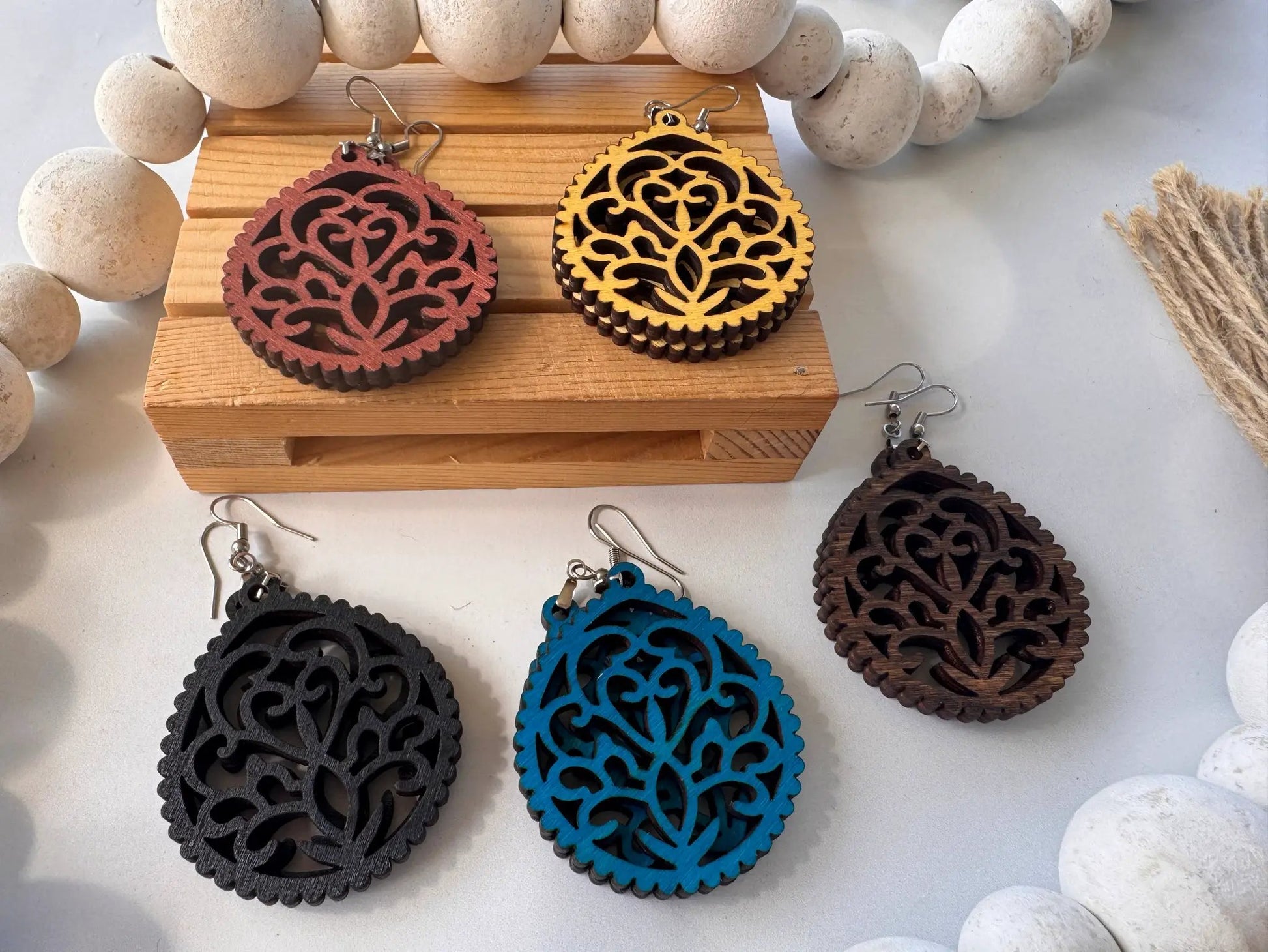 Truly Olive Intricate Wood Earrings - Earrings Dangle Earrings