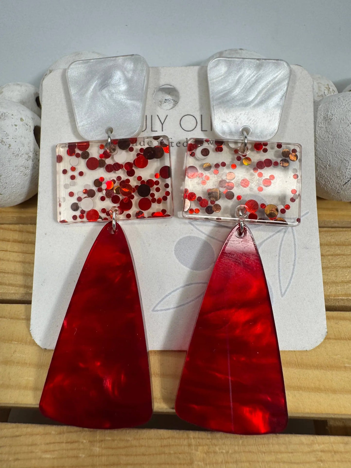 Truly Olive Red and White Long Dangle Holiday Earrings - Earrings Dangle Earrings